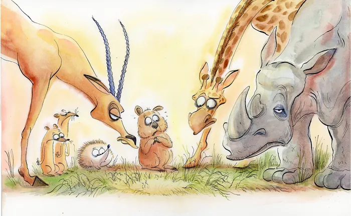 Cartoon animals including giraffes, rhino, and meerkats looking at a small object