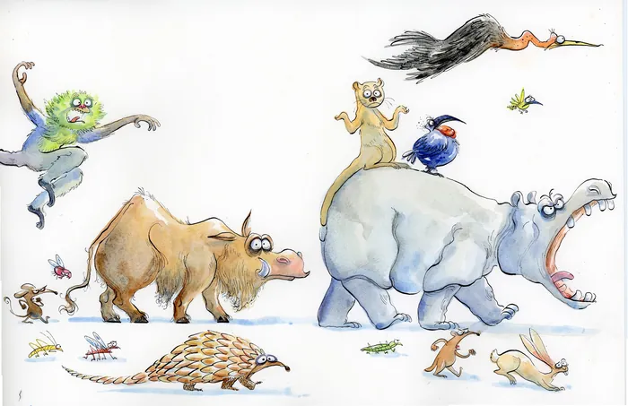 Cartoon animals including hippo, buffalo, bird, and others walking