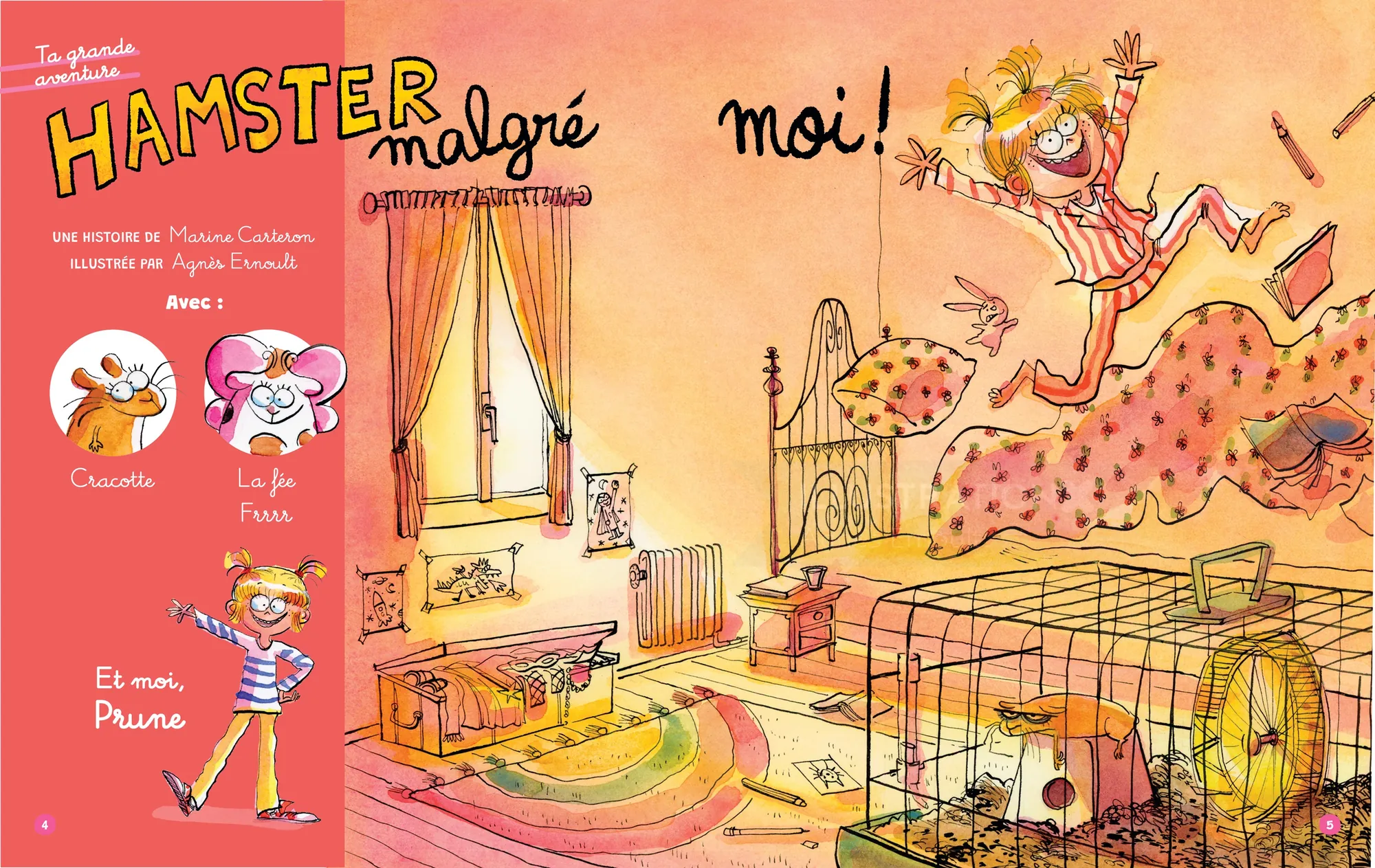 Colorful illustration of a girl and hamster in a bedroom by Agnès Ernoult