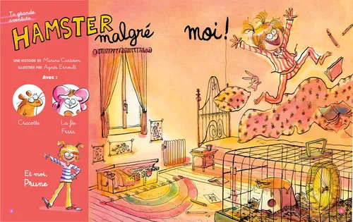 Colorful illustration of a girl and hamster in a bedroom by Agnès Ernoult