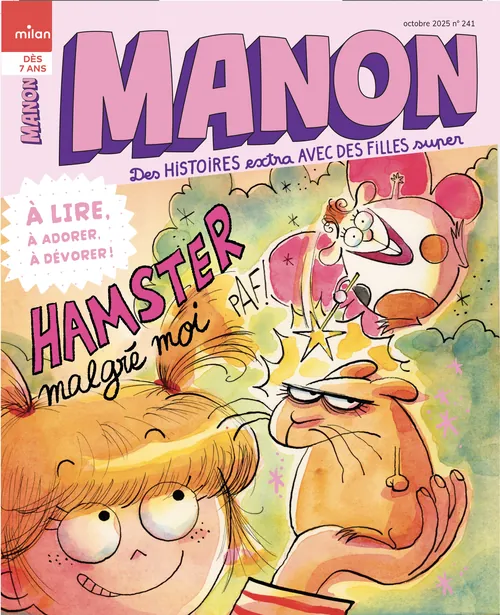 Illustrated cover of Manon Magazine with girl and hamster, art by Agnès Ernoult