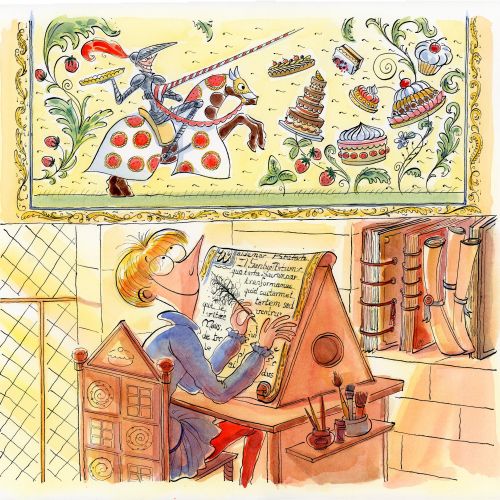 Medieval scribe at desk writing with knight and desserts floating, by Agnès Ernoult
