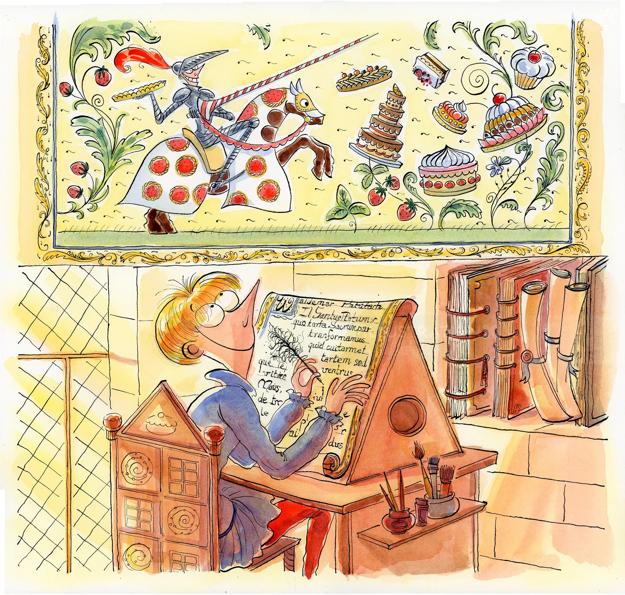 Medieval scribe at desk writing with knight and desserts floating, by Agnès Ernoult