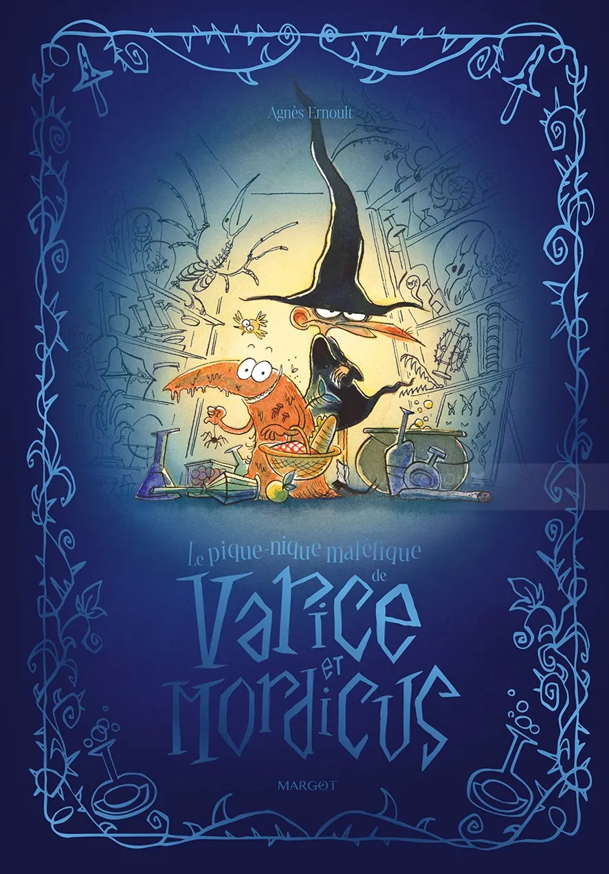 Book cover illustration with witch and orange creature by Agnès Ernoult