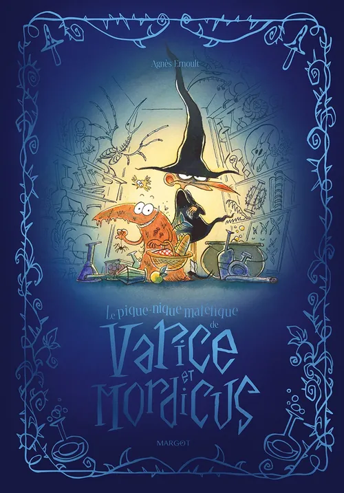 Book cover illustration with witch and orange creature by Agnès Ernoult