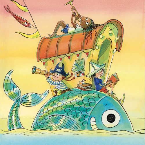 Children dressed as pirate and wizard riding a large fish wagon by Agnès Ernoult