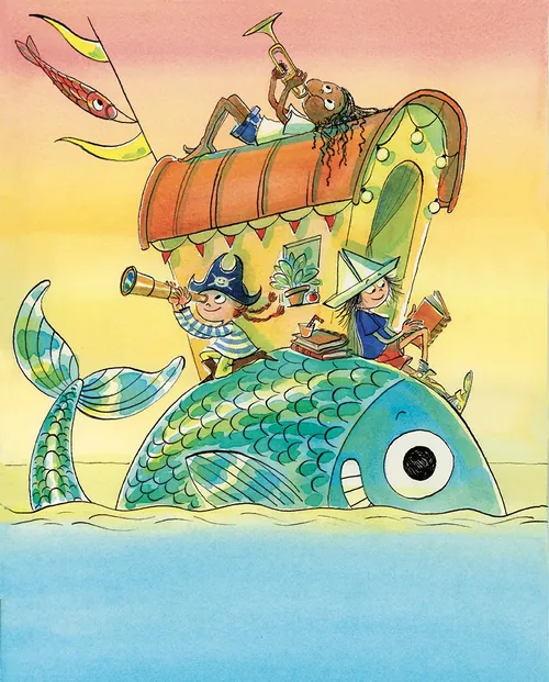Children dressed as pirate and wizard riding a large fish wagon by Agnès Ernoult
