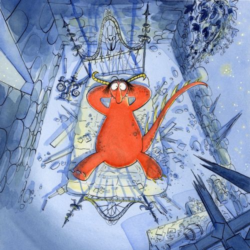 Red monster character lying on bed in spooky room, by Agnès Ernoult