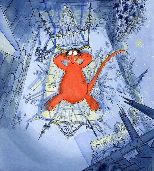 Red monster character lying on bed in spooky room, by Agnès Ernoult