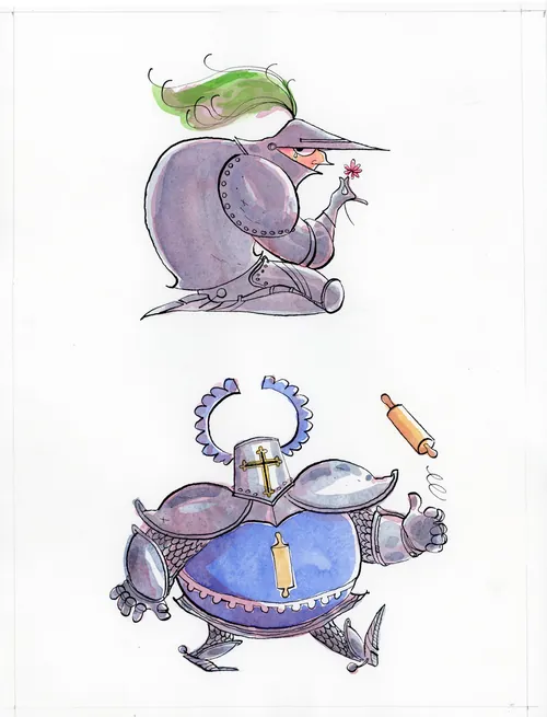 Illustration of two whimsical armored characters from Waldemar Patatarte by Agnès Ernoult