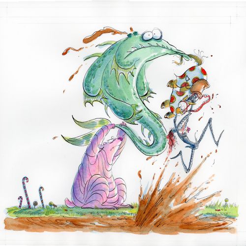 Cartoon fish chasing frog leaping over purple worm in mud splash by Agnès Ernoult