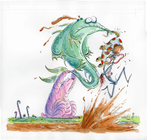 Cartoon fish chasing frog leaping over purple worm in mud splash by Agnès Ernoult