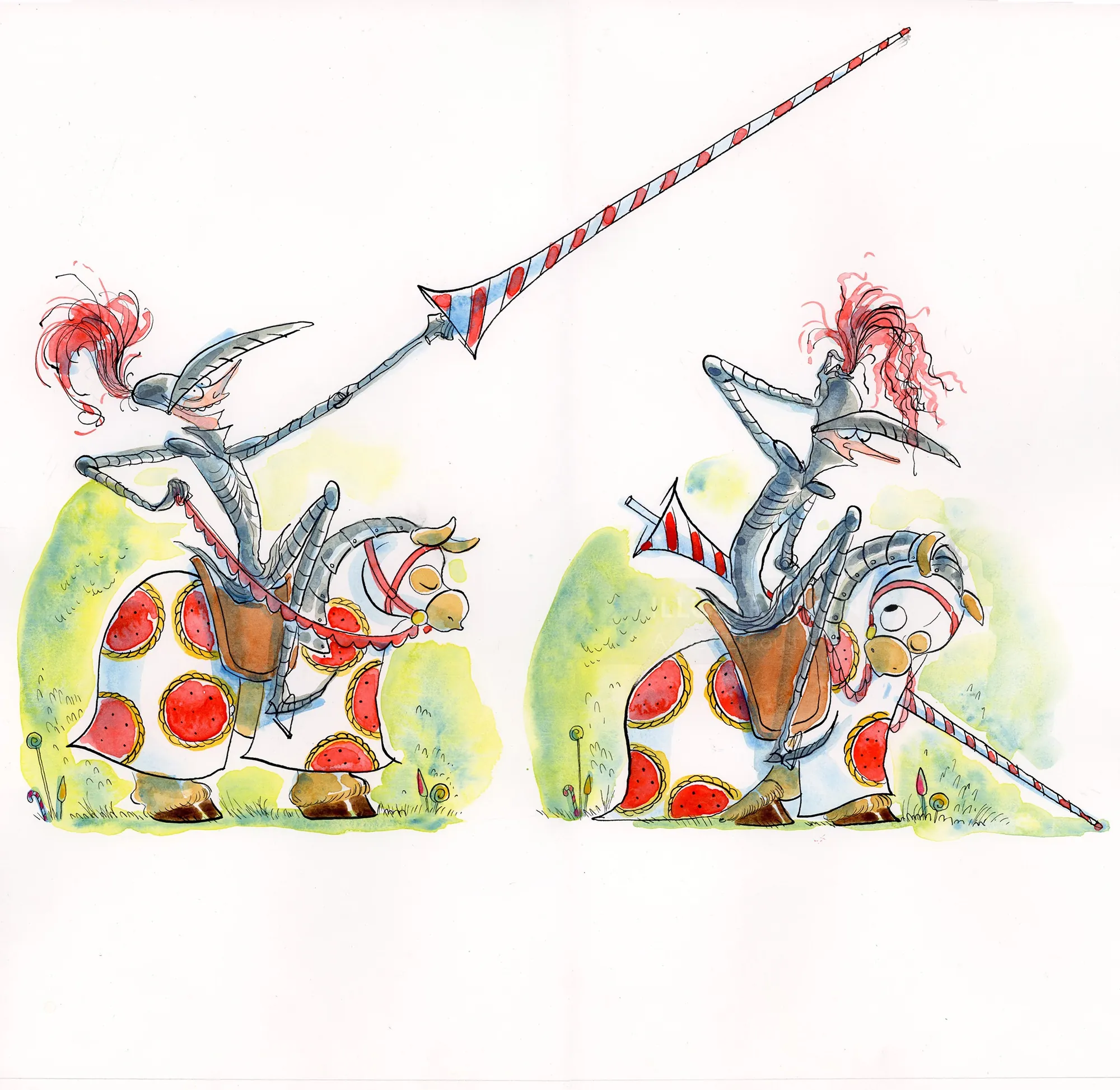 Two whimsical knights holding long striped lances by Agnès Ernoult