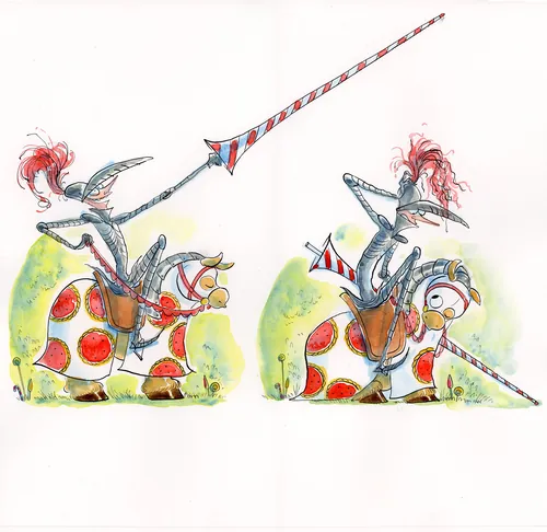 Whimsical knights in polka dot armor with feathered helmets by Agnès Ernoult