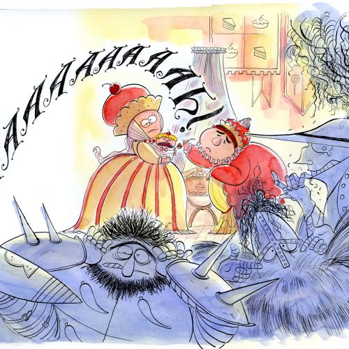 Whimsical bedtime scene with children and sleeping figure by Agnès Ernoult