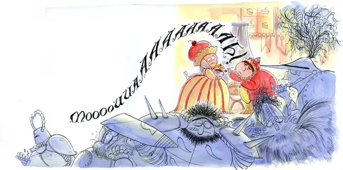 Whimsical bedtime scene with children and sleeping figure by Agnès Ernoult