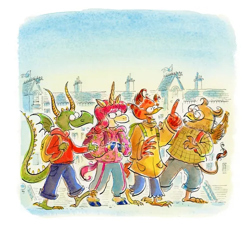 Four colorful cartoon animals walking together in city, by Agnès Ernoult