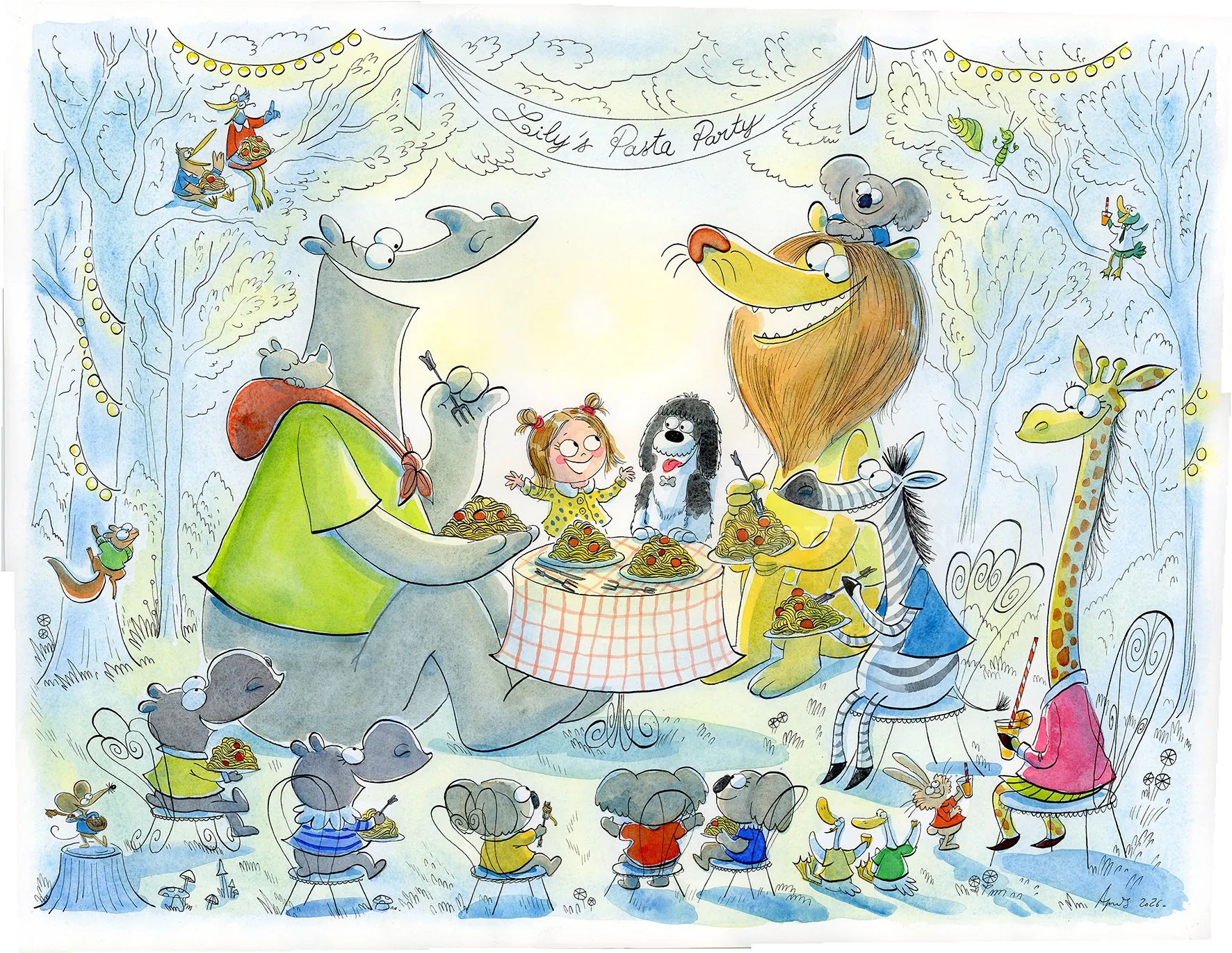 Whimsical animal tea party scene by Agnès Ernoult