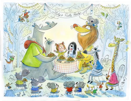 Whimsical animal tea party scene by Agnès Ernoult