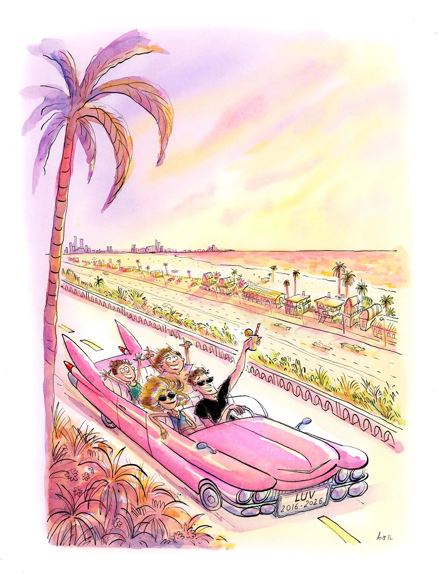 Family enjoying a drive in pink convertible car under palm tree by sunset by Agnès Ernoult