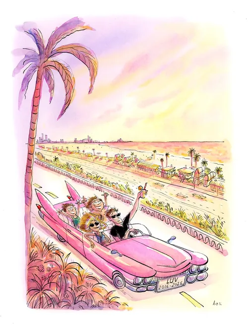 Family enjoying a drive in pink convertible car under palm tree by sunset by Agnès Ernoult