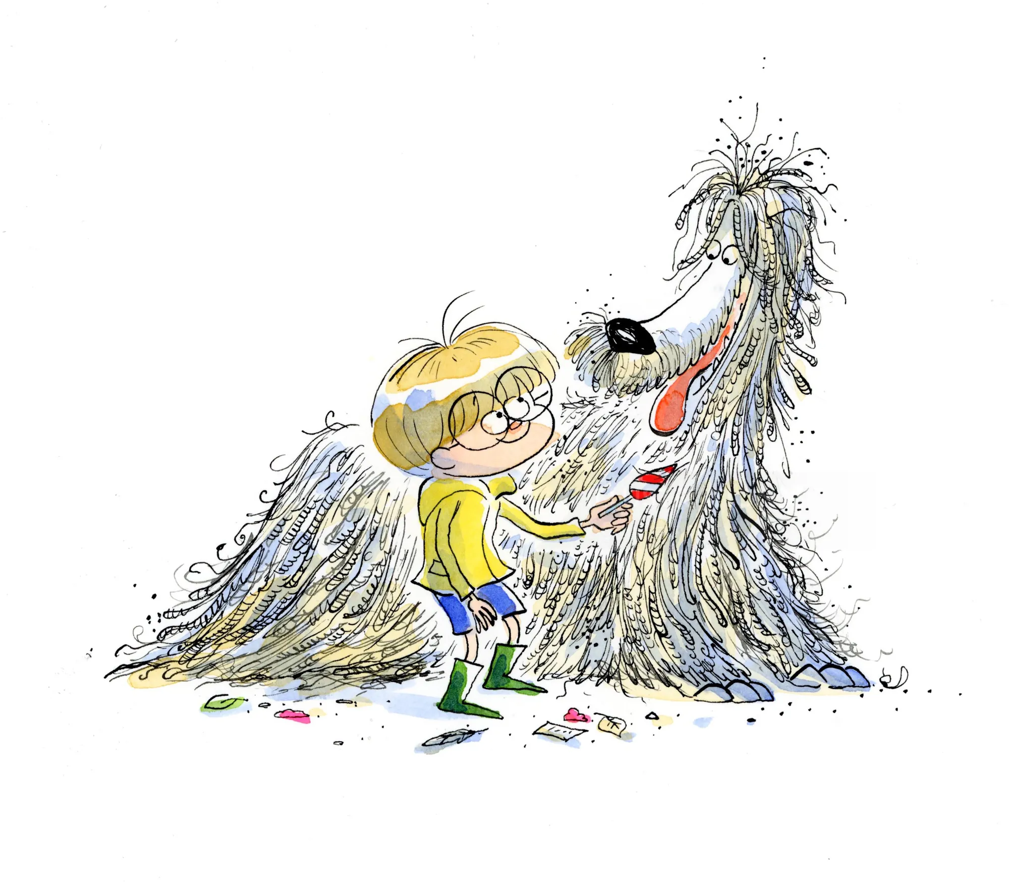 Boy in glasses painting a large shaggy dog with a red brush by Agnès Ernoult