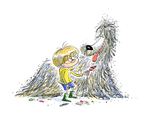 Boy in glasses painting a large shaggy dog with a red brush by Agnès Ernoult