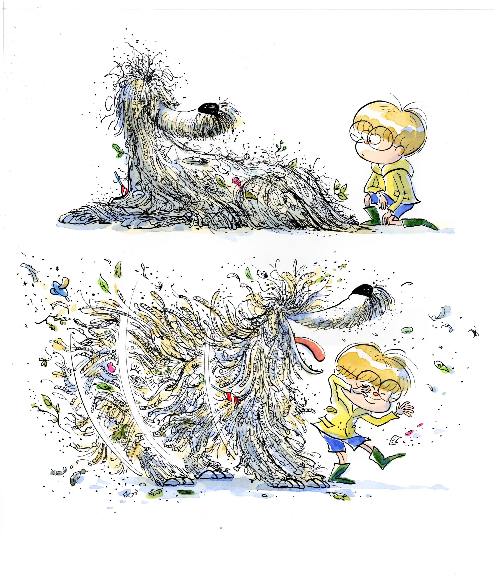 Illustration of a shaggy dog and a boy playing, by Agnès Ernoult