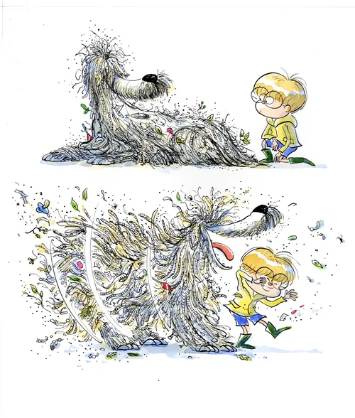 Illustration of a shaggy dog and a boy playing, by Agnès Ernoult