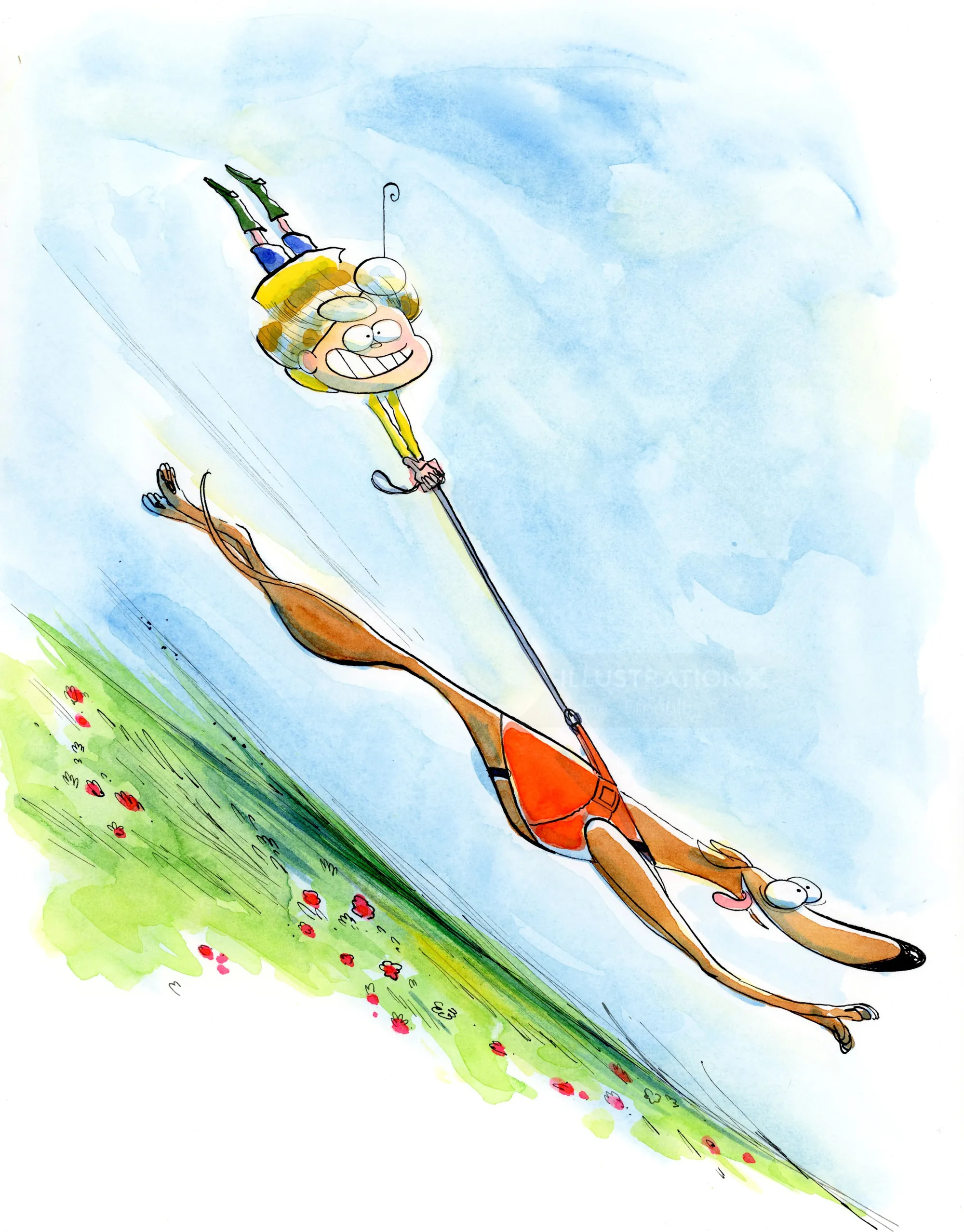 A man holding a dog on a leash flying like a kite by Agnès Ernoult
