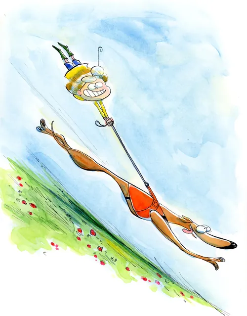 A man holding a dog on a leash flying like a kite by Agnès Ernoult