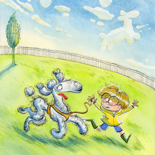 Child joyfully running with blue poodle under whimsical sky by Agnès Ernoult