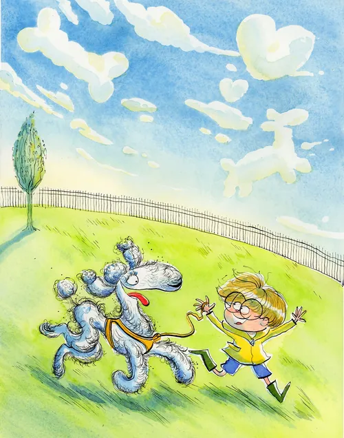 Child joyfully running with blue poodle under whimsical sky by Agnès Ernoult
