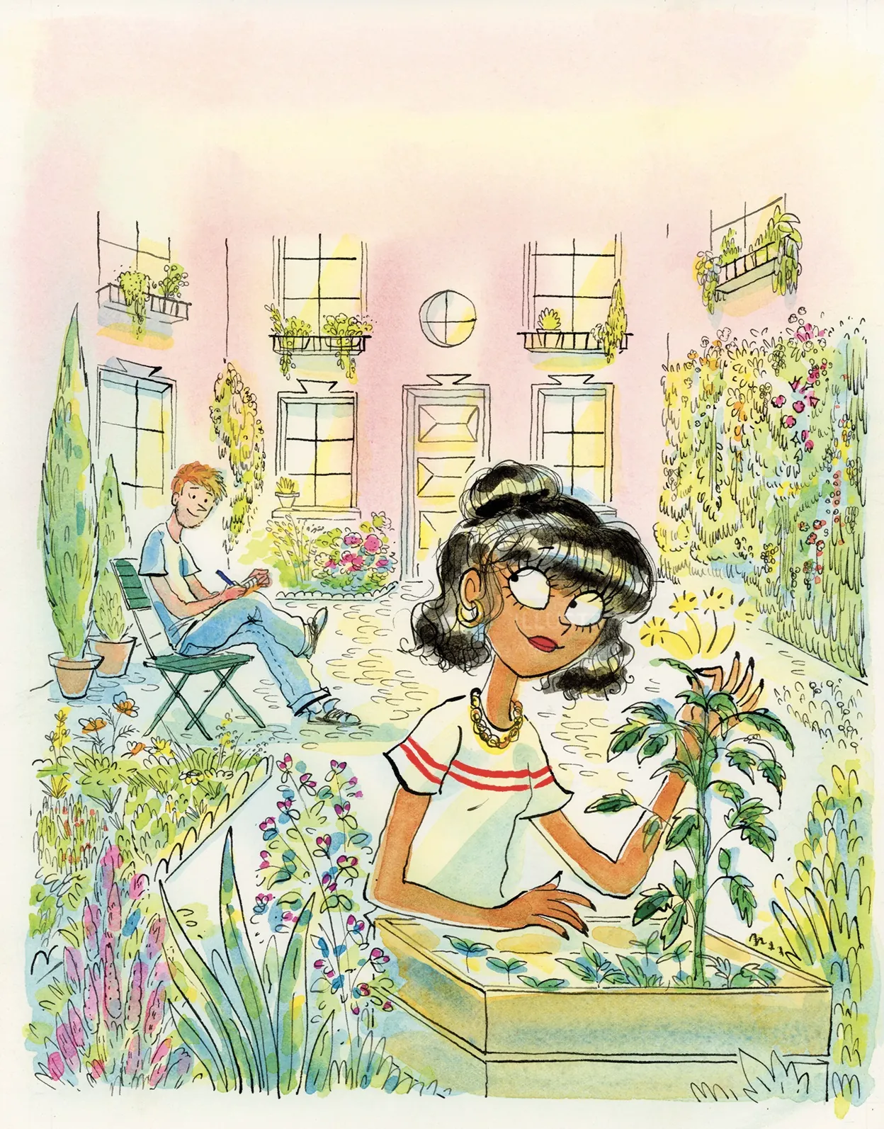 A woman gardening in a vibrant courtyard, artist Agnès Ernoult
