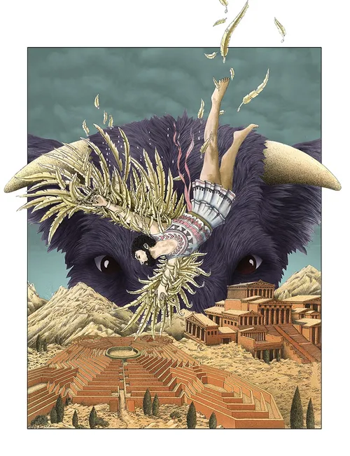 Ilustración fantástica de Ícaro enamorándose de un libro ilustrado
