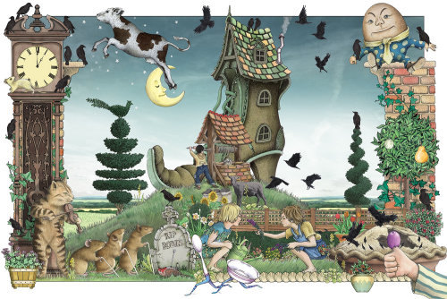 Fantasy illustration of witch house, animals & children