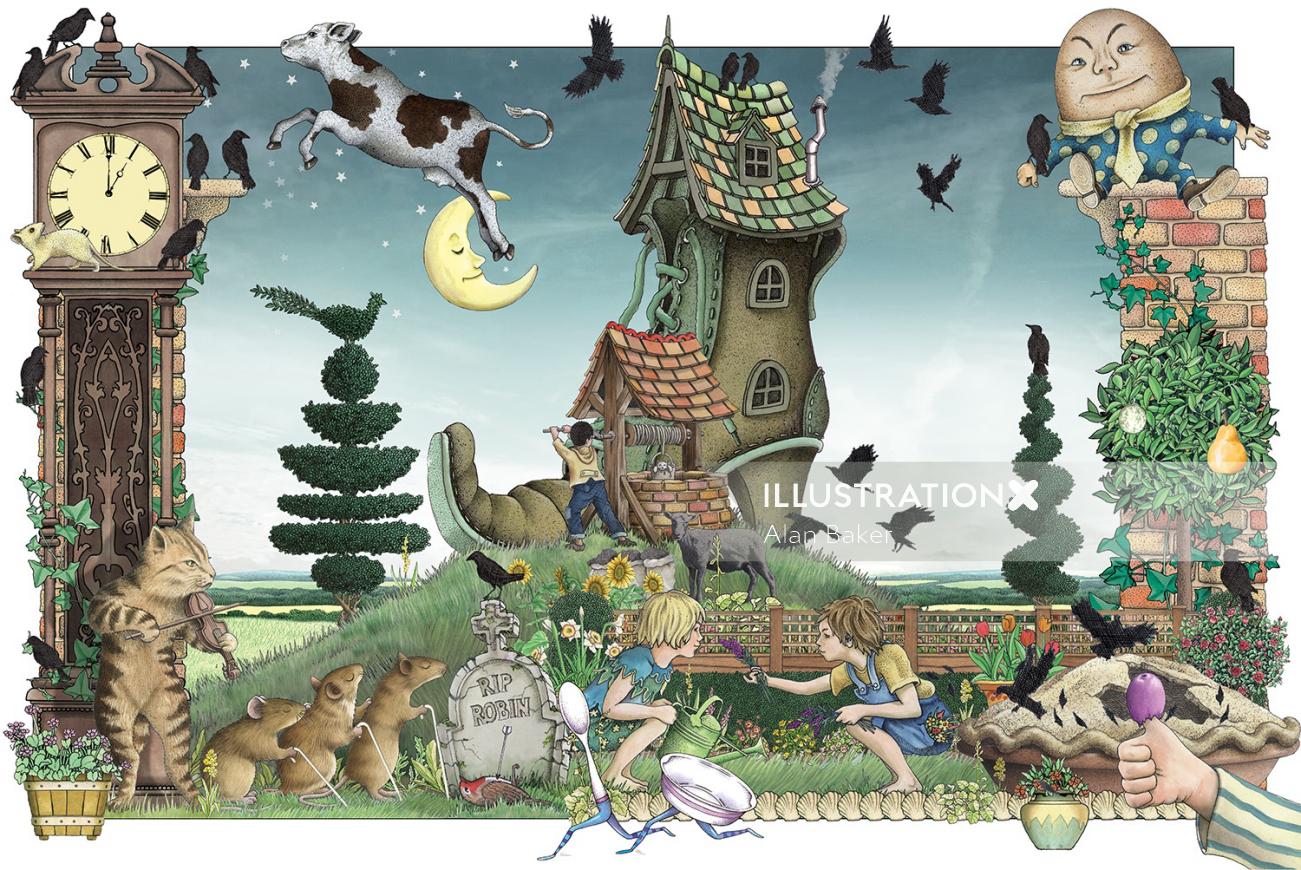 魔女の家、動物、子供たちのファンタジーイラスト