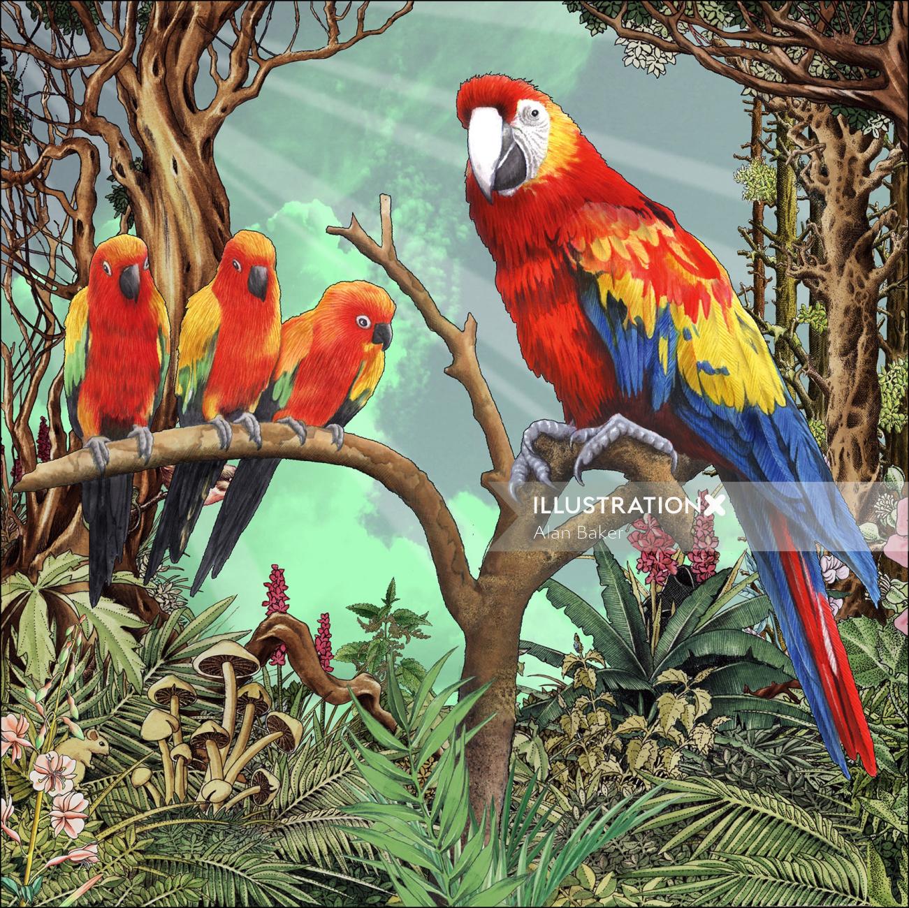 Animals parrots in a fantasy forest