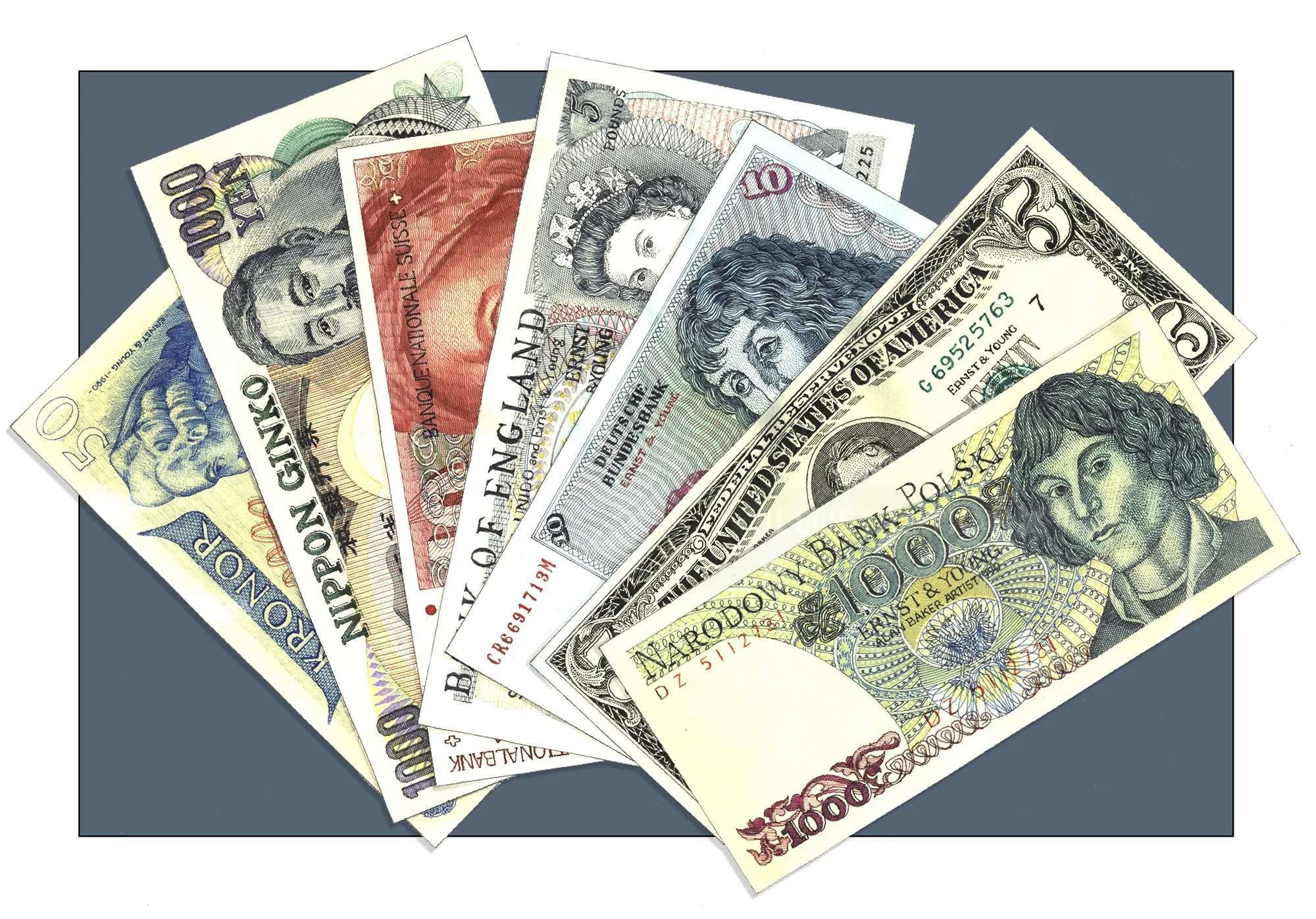 Gefälschte Banknoten mit bekannten Gesichtern in Fächeranordnung von Alan Baker