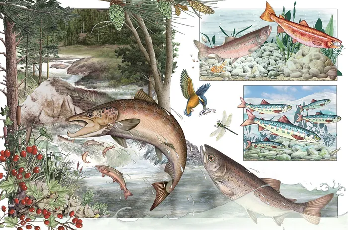 Illustration showing different stages of a salmon's life cycle in water