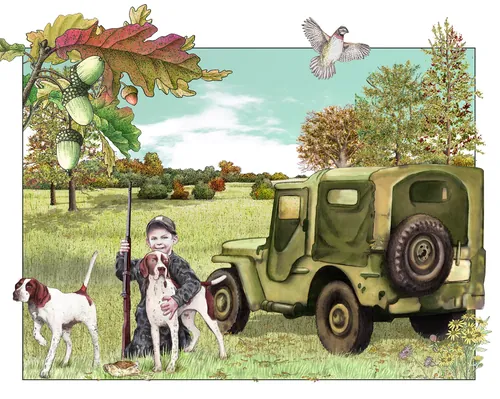 Niño con perros en un jeep en el campo sosteniendo una codorniz cazada