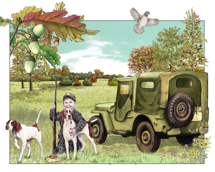 Boy with dogs by jeep in field holding hunted quail bird