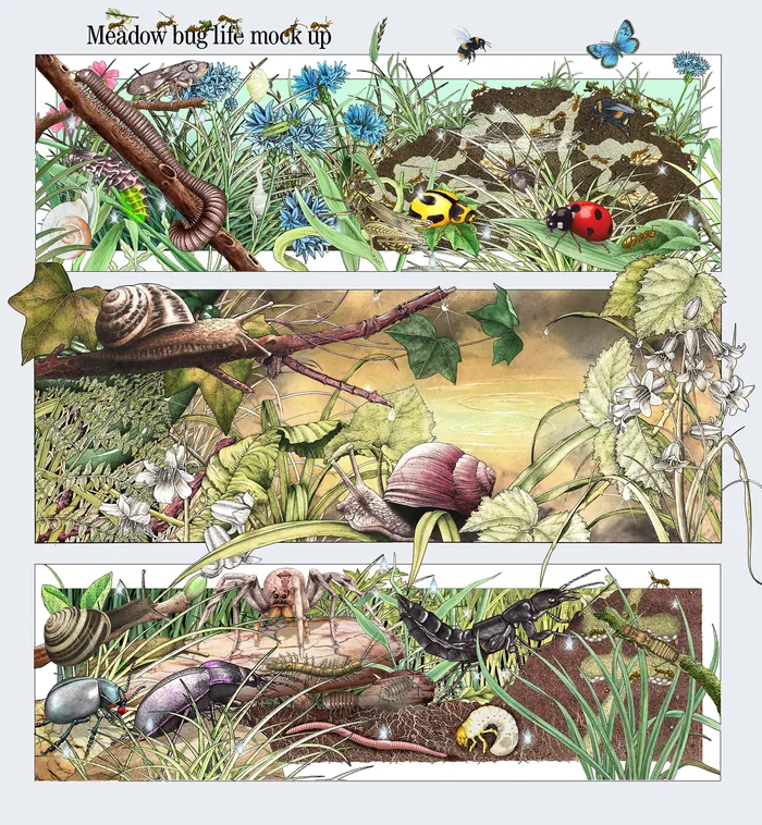 Detailed illustration of meadow bugs, snails, and insects in natural habitat