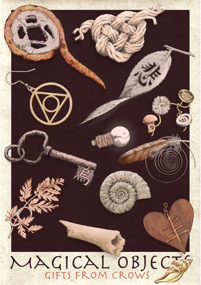 Various mystical objects and trinkets from crows on dark background