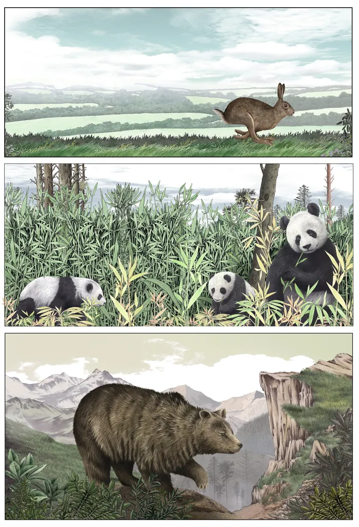 Hare running, pandas eating bamboo, and brown bear in nature