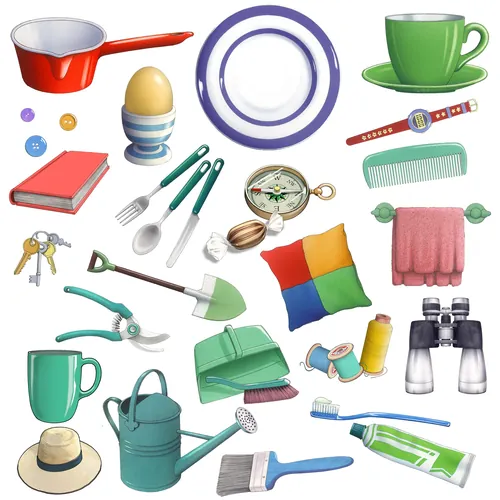 Diversos objetos domésticos coloridos, incluidos utensilios de cocina, herramientas y accesorios.