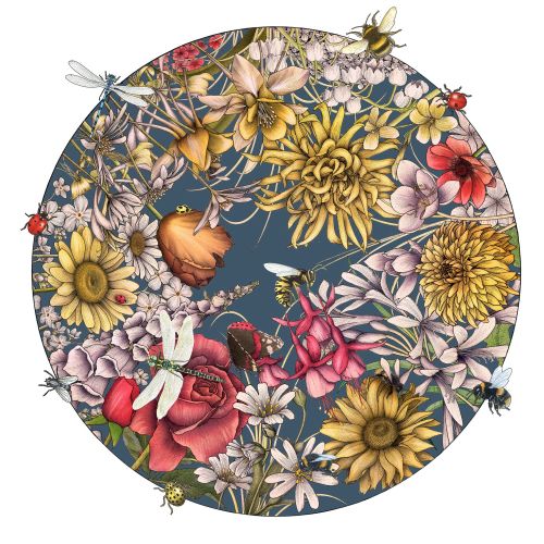 Circular floral illustration with various flowers and insects