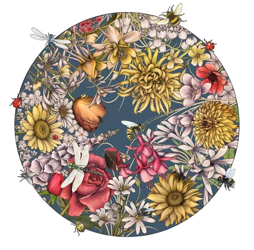 Ilustración floral circular con varias flores e insectos.