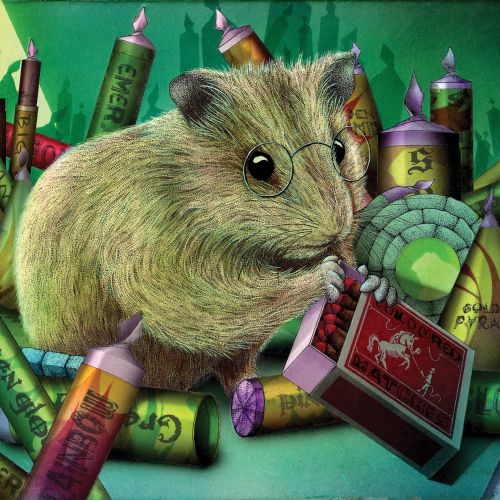 Illustration of a hamster holding fireworks among many colorful rockets