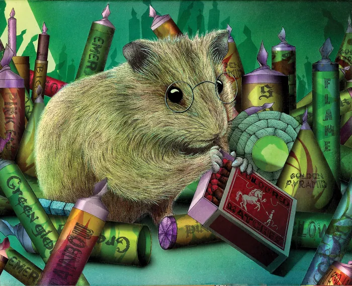 Illustration of a hamster holding fireworks among many colorful rockets